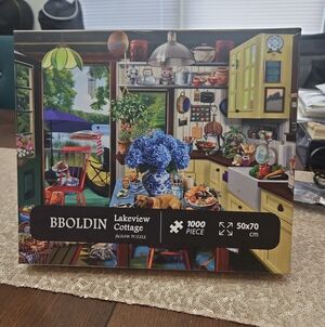 BBOLDIN Lakeview Cottage 1000-Piece Jigsaw Puzzle - Blue Floral Scene -used